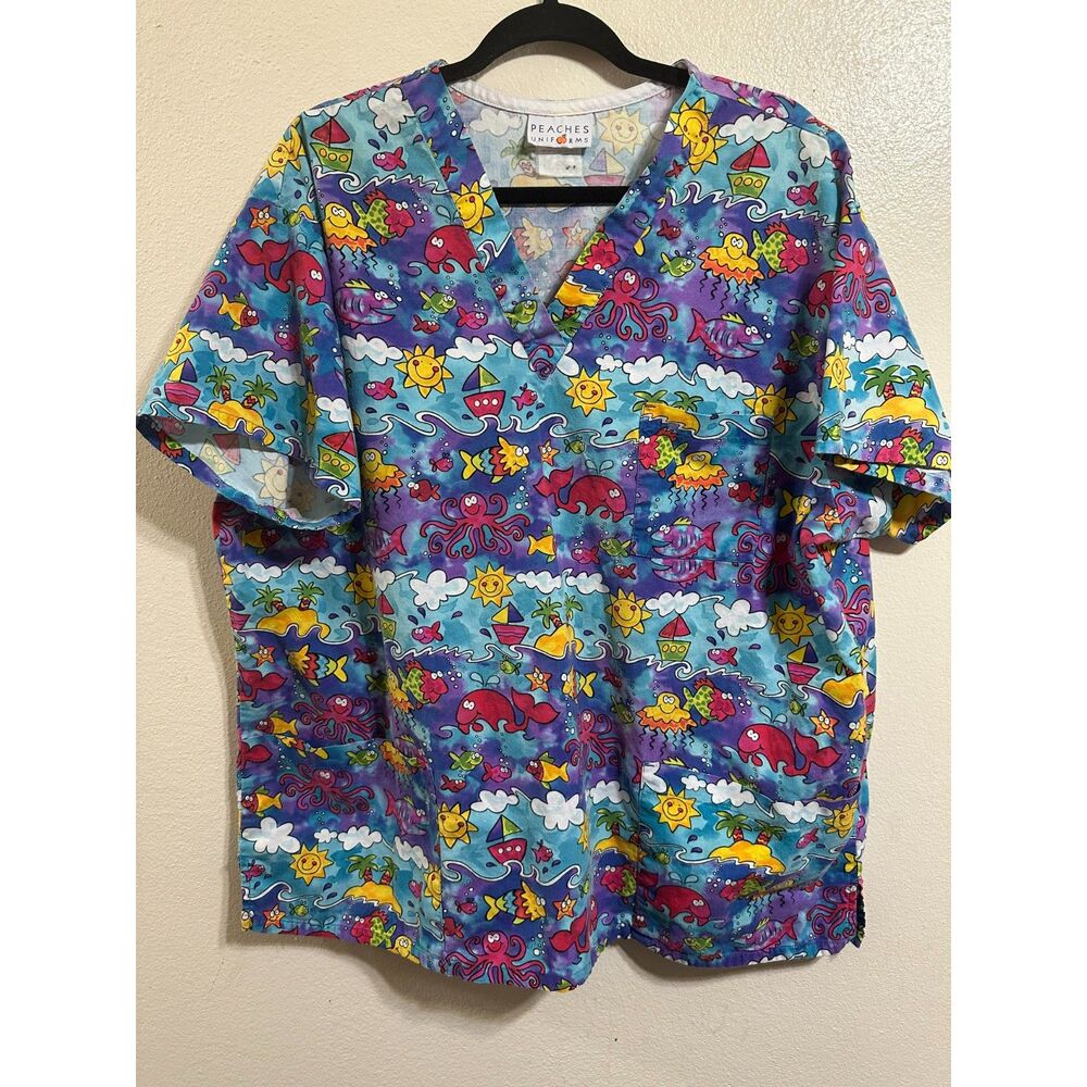 Peaches Day At the Beach Tropical Unisex Scrubs 3-Pocket Front, Size XL